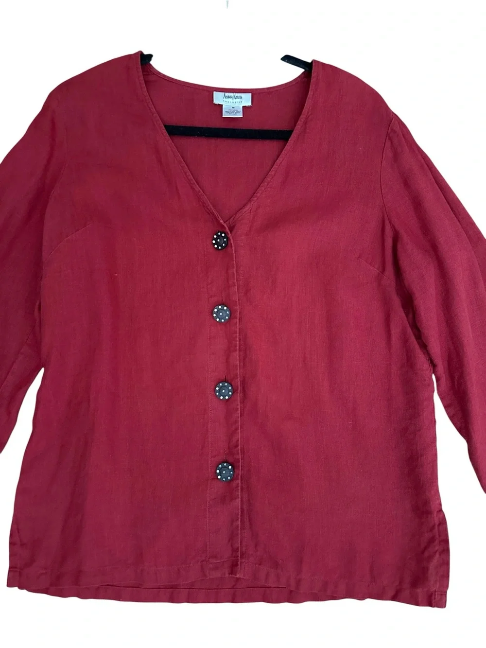 NEIMAN MARCUS 100% Linen Button Front Blouse Size Medium Red V-Neck Long Sleeve - Picture 3 of 11